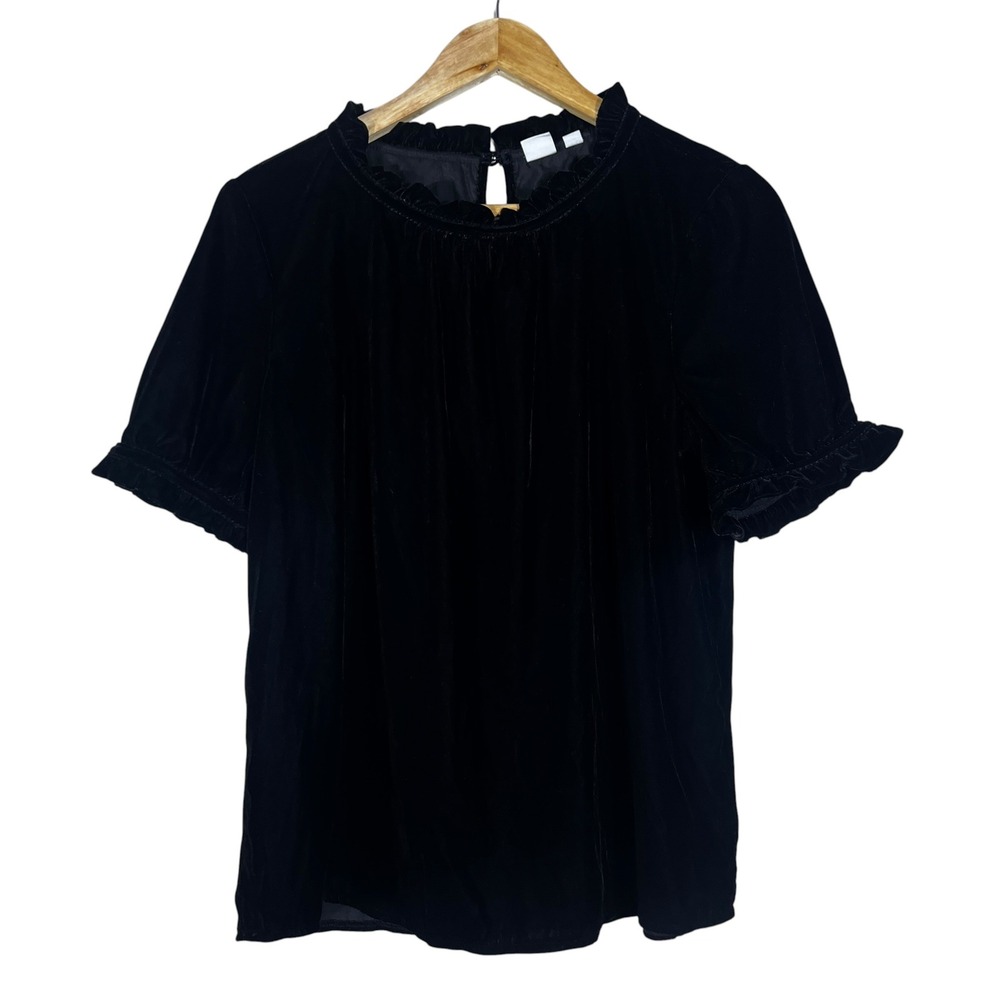 Gap Velvet Ruffle Neck Solid Blouse Black Holiday Short Sleeve Top Size M
